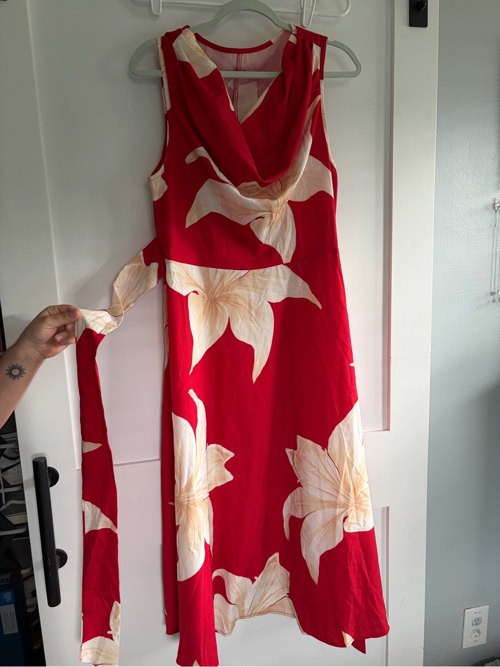 Red Floral Wrap Dress with Cream Blooms